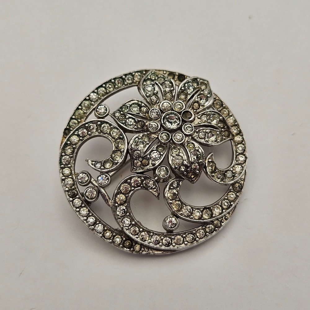 Vintage Trifari Silver Tone Rhinestone Floral Openwork Circle Brooch Pin